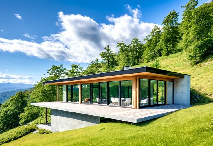 a small modern mountain house with glass facade, 1 story, surrounded by nature, large windows, minimalist architecture, wooden structure, clean lines, flat roof, panoramic mountain view, natural light, peaceful atmosphere, serene landscape, lush greenery, ...