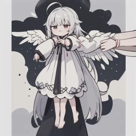 little,:3,whole body,ahoge,incruscorpio,long body,sundress,  long hair, red eyes, gray hair, (sleeves are longer than the wrist:...