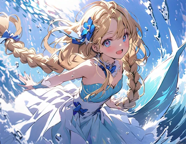 1female(mermaid,beautiful scale reflecting prism,beautiful tail fin reflecting prism,princes,cute,kawaii,age of 20,long braid hair,blonde,eye color ocean blue,big eyes,dynamic pose,open mouth loud,under the sea,wearing beautiful heart neck tube top,helping...