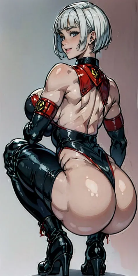 Female full body SQUATTING back to me, ((Plain background 1:2)) (Cammy White Street Fighter white silver short bob haircut) RED full body armored, cleavage, leather collar choker, happy smile red cheeks, red gloves gauntlets, red military boots