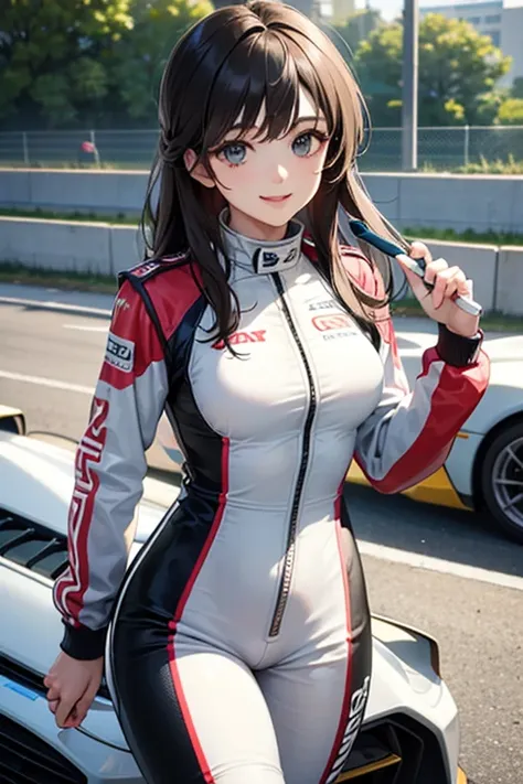 female racing driver、racing suits、long hair、smile、sports car、