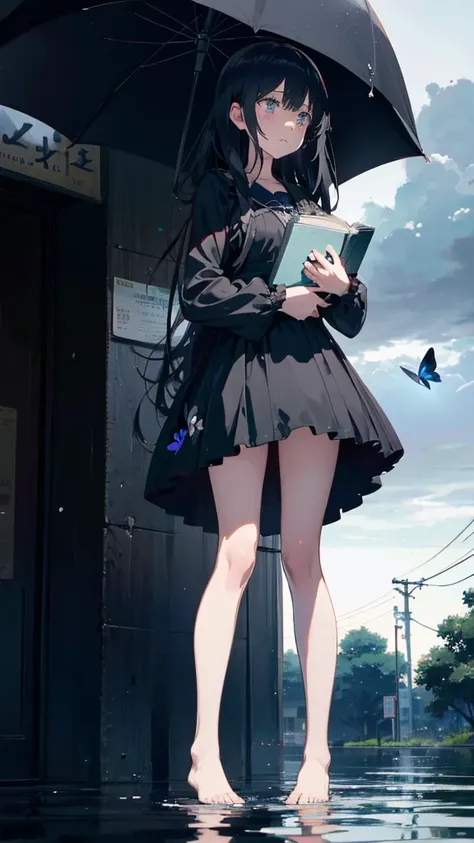 1 anime girl, alone,,black petals flutter, a mysteriously shining butterfly.city,thin legs,gloomy cloudy sky,sad expression,very...