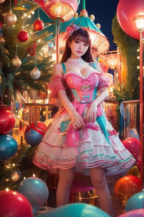 best quality, 8k, highly detailed face and skin texture, high resolution, big tits japanese girl in colorfull dress stand in front of merry go round at night, under the light, full body, sharp focus