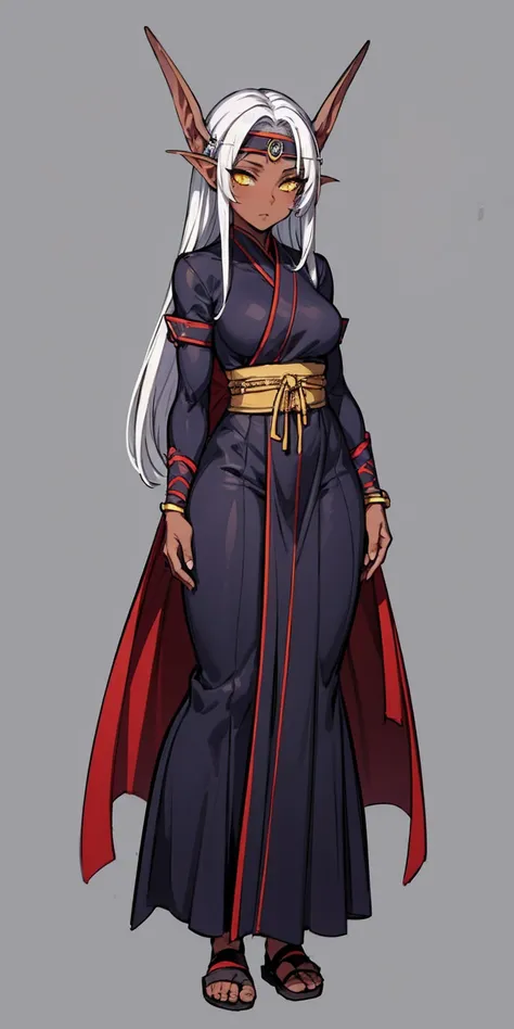 (Masterpiece, plain background:1.2) Female full body, standing straight symmetrical feet together, Pirotess dark elf, dark skin, long white hair, circlet, yellow eyes, 1990s (style), ninja Kunoichi, female 1sologirl