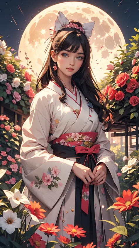 highest quality, expensive_solve, clear_image, Detailed Background ,girl, hanbok,flower,garden,moon, night,