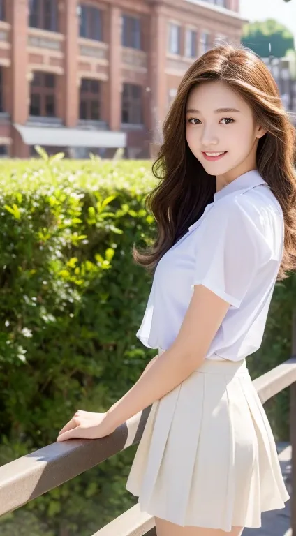 Very detailed 8k wallpaper)、sharp focus、in detail、Drama、Delicate and beautiful 、sixteen years old、Sheer white shirt、Quite short skirt、ligh brown hair、hair adornments、Beautiful and sexy、A smile、solo、Beautiful graphics、Bright school building、Full of students...