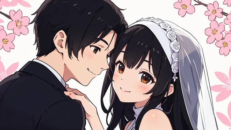 beautiful wedding scene, two characters, groom with black hair styled like loid from spy x family, wearing a black blazer, bride...