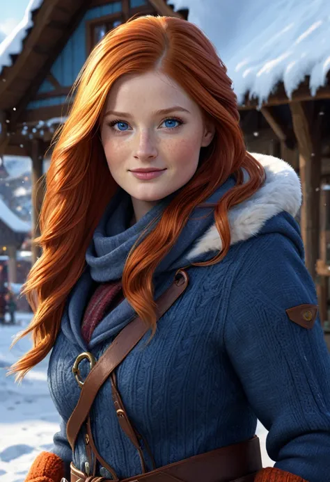 highly detailed full medium shot of pitfighter ginny weasley young bonnie wright, Beautiful breasts, huge breast, freckles, muscular, baby_blue eyes, big eyes, long straight orange red hair, cheeky smile, winter village, heavy winter clothes, boots, cinema...