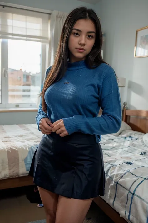  woman in a blue sweater and skirt posing in a bedroom, de una colegiala posando, linda colegiala, vestida de colegiala, colegiala adolescente, japanese girl , chica adolescente caliente, a hyperrealista , Usando uniforme escolar, realista , blue sweater, ...