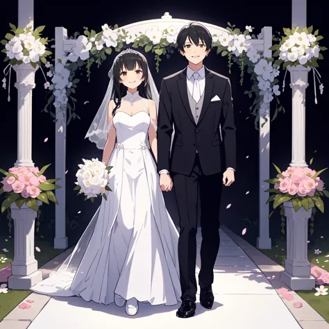 beautiful wedding scene, two characters, both standing, full body view, groom with black hair styled like loid from spy x family...