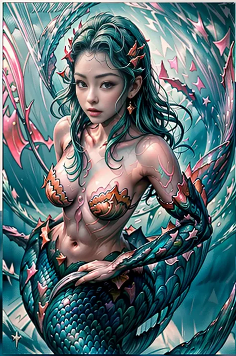 (A young and extremely beautiful mermaid:1.9)、Body covered with scales、(Ukiyo-e:1.2)、woodblock print、otherscape、elegant、(highest quality、4k、8k、High resolution、masterpiece:1.2)、Super detailed、(Realistic、Realistic、Photorealistic:1.37)、Intricate details、Beaut...