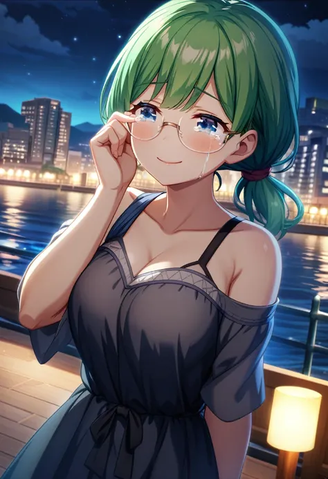 game cg,green hair,short ponytail,rimless eyewear,blue eyes,large breasts,((happy tears)),smile,((tears)),wiping tears ,night,water front,