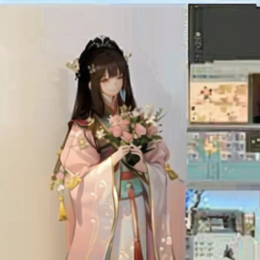 Alafid woman in pink robe holding bouquet of flowers, xintong chen, Hanfu, wenfei ye, Dressed in ancient Chinese costumes, wenjun lin, louise zhang, Wearing Chinese clothes, Very very low quality image, mingchen shen, chengyou liu, white Hanfu, Wearing a h...