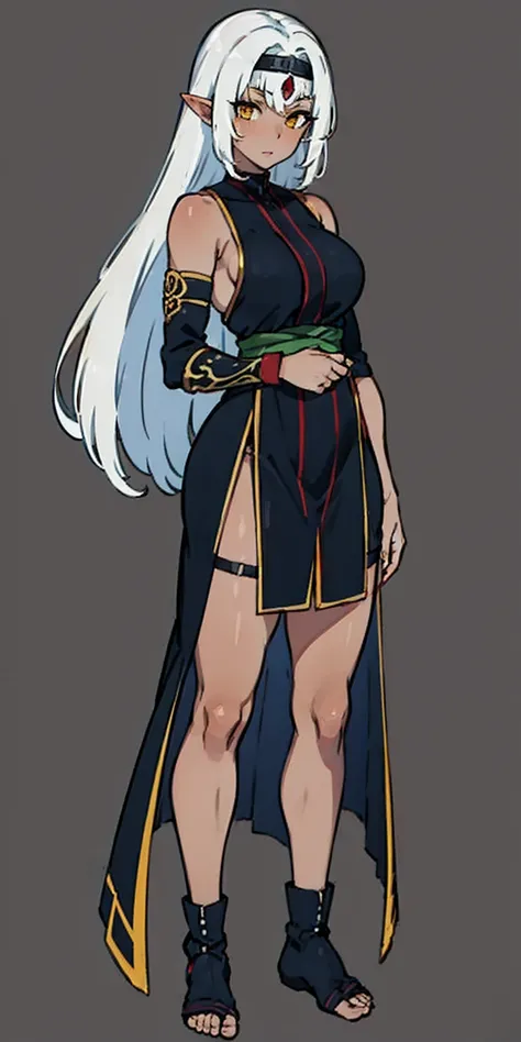 (Masterpiece, plain background:1.2) Female full body, standing straight symmetrical feet together, Pirotess dark elf, dark skin, long white hair, circlet, yellow eyes, 1990s (style), ninja Kunoichi, female 1sologirl