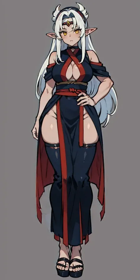 (Masterpiece, plain background:1.2) Female full body, standing straight symmetrical feet together, Pirotess dark elf, dark skin, long white hair, circlet, yellow eyes, 1990s (style), ninja Kunoichi, female 1sologirl