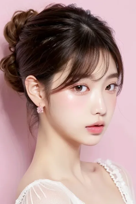 ((highest quality)), ((masterpiece)), (detailed), Perfect Masterpiece, Best Quality, 1girls, profile, ponytail, up to hair, nape of neck, pink lips, slightly upturned nose, long eyelashes, realistic skin texture,  blurred, white backgroundな顔