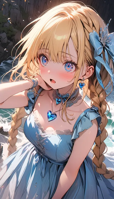 1female\(princes,cute,kawaii,age of 20,long braid hair,blonde,eye color ocean blue,big eyes,dynamic pose,open mouth loud,lost he...