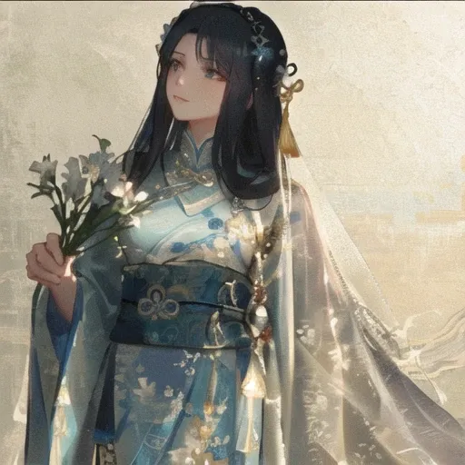 Arafad woman in blue dress holds a flower in her hands, Heaton in a floral dress, Wearing ancient Chinese clothes, Inspired by Tang Yin, Inspired by Qiu Ying, palace ， Girl wearing Hanfu, Wearing Chinese clothing, Inspired by Tang Yifen, Inspired by Lan Yi...