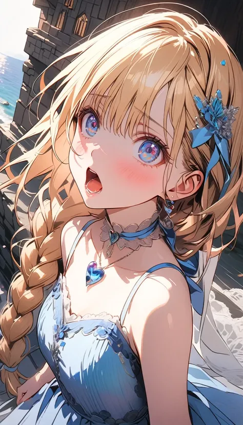 1female\(princes,cute,kawaii,age of 20,long braid hair,blonde,eye color ocean blue,big eyes,dynamic pose,open mouth loud,lost he...