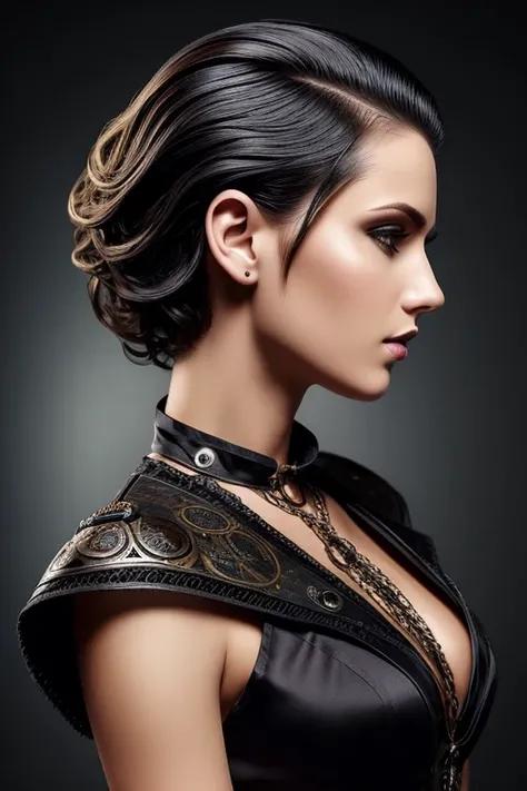 Gorgeous european steampunk woman with very short straight hair, short hair, wet hair, hair slicked back, combed straight back, slick hair, black and blonde gradient mixed hair, wearing a long wet silk dress, solid dark black background