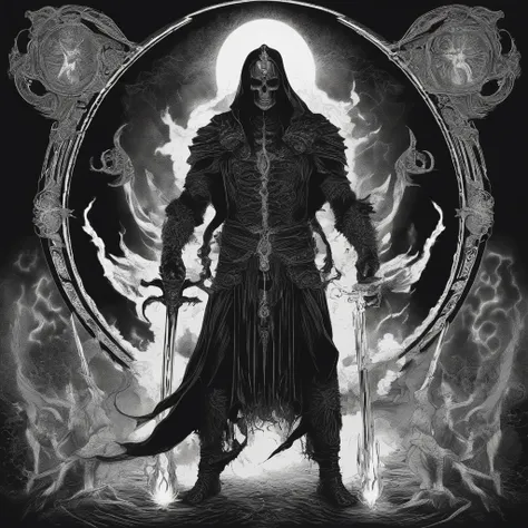 ((Hell God)), lucifer, black face, no face, ((re fire eyes)), holding glowing light sword, glowing text, against giant hell lord, ((circle light symbol)), behind head, dark fantasy art, ((death metal album cover)), smoke, ((fire)), lord of hell, ((diablo))...