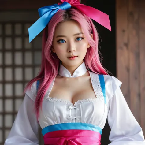 (finely detailed beautiful eyes and detailed face,masterpiece sidelighting,masterpiece,best quality,detailed,high resolution illustration),, (1girl,whole body,bishoujo,lustrous skin,looking down,looking at viewer),, (pink hair,blue eyes,ribbon,hanbok, kore...