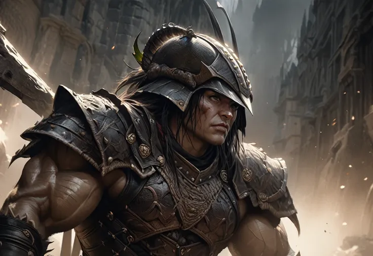 a goblin warrior, medium-sized, heavily muscular, wearing studded leather armor, holding a pickaxe, wearing an oversized helmet made from a beetles head, highly detailed, hyper-realistic, intricate details, digital painting, muted colors, dramatic lighting...