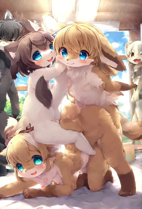 Ultra-high resolution, Detailed Background,  boy, girl, Happy, Joyful, Disorganized(kemono, Furry Personification),　Naked　Naked　Completely naked　Covered entirely in fur　Animal body types，　Sexy　Adorable，Pure，　No shame　having mating　Nipples　Young，，Barely　Ful...