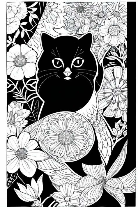 Coloring book、Black and White、Bold line、animal、flower、An illustration