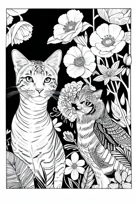 Coloring book、Black and White、Bold line、animal、flower、An illustration