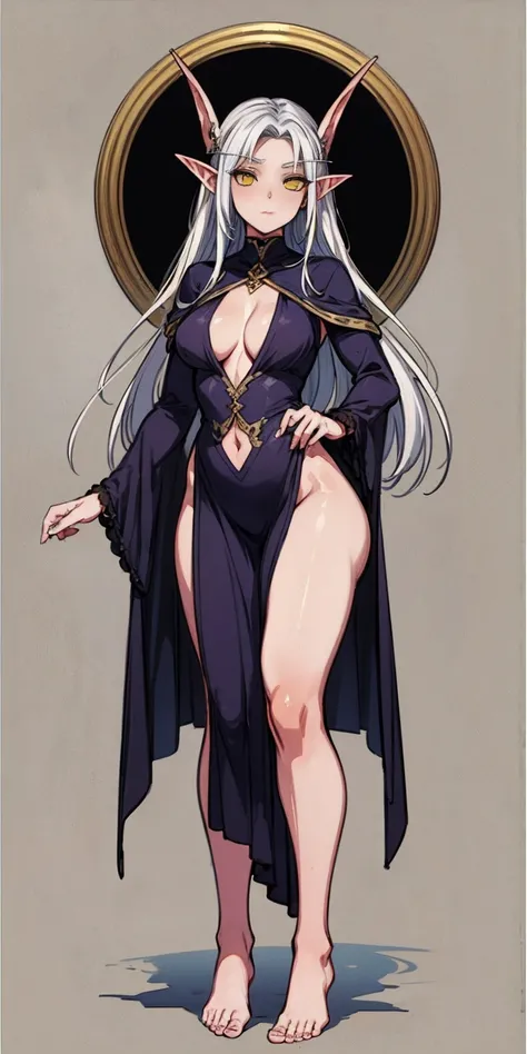 (Masterpiece, plain background:1.2) Female full body, standing straight symmetrical feet together, blood dark elf, dark skin, long messy white hair, 2longs elf ars, circlet, yellow eyes, 1990s (style), female 1sologirl