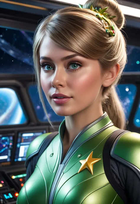 masterpiece:1.23, absurdres:1.42, modelshoot style, 8k uhd:1.38, 4k, intricate, medium long hair, beautiful breasts, huge breast, realistic, photo realistic, hyper realistic, ultra high quality, celestial, Tinker Bell wearing a strtrk uniform, on a starshi...