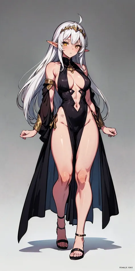 (Masterpiece, plain background:1.2) Female full body, standing straight symmetrical feet together, blood dark elf, dark skin, long messy white hair, 2longs elf ars, circlet, yellow eyes, 1990s (style), female 1sologirl