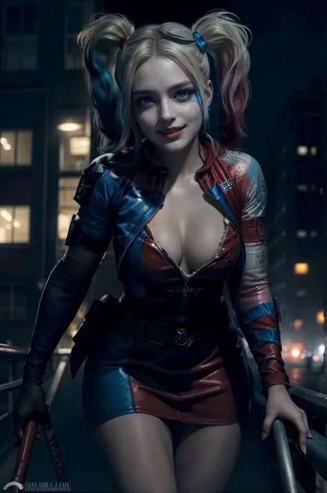 HarleyQuinn, light blue eyes, (best quality,ultra-detailed),(Realistic:1.37), beautiful and detailed face, Ultra-realistic texture, delicate face, athletic body, vivid colors. High definition, 8K, smilling expression