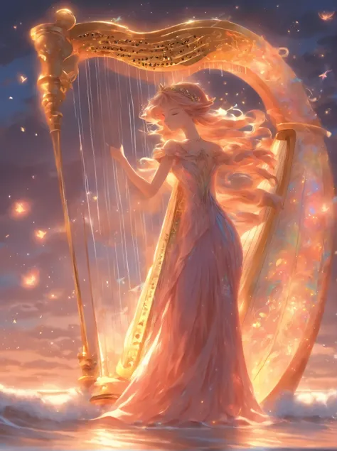 a woman in a long dress holding a harp on a beach, an anime drawing by Yang J, tumblr, fantasy art, very magical and dreamy, glowing angelic being, astral fairy, ✏️🎨, ethereal!!!!!!!, fairy aesthetics, with an harp, beautiful fairy, fantasy art style, ethe...