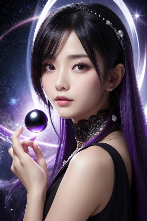 masterpiece, highest quality, High resolution, One woman, Super High resolution, alone, Real Photos, fortune teller,The background is space、Mysterious atmosphere,Black hair mixed with purple hair、Aged Japanese face, There are lots of wrinkles on the face、B...