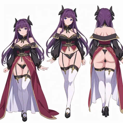 masterpiece, best quality, solo, high fantasy costume, ((white background)), full body, multiple views, bare shoulders, thigh high, reaper, thong,