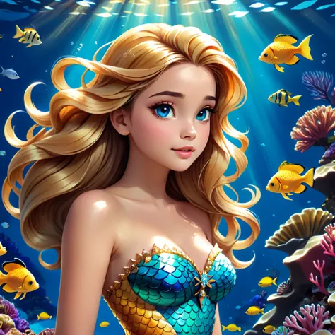 a beautiful mermaid princess, long flowing hair, detailed face features, luminous scales, underwater scene, coral reef, schools ...