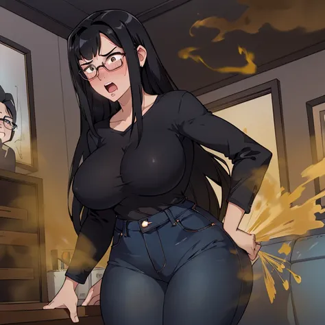 realism,beautiful lighting,(((1girl))),((black hair, sideswept hair bang,long hair)), tall body ,glasses, wet tshirt, blue jeans, smooth face, tight breasts,massive fart, yellow smoke, velocity blush, open mouth, frontview, livingroom, scared, wide eyes, e...