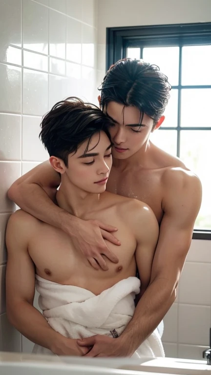 Generate an image of a handsome young man being embraced tightly by his male friend in a deeply romantic gesture after a shower. Both men are wet, covered in lather from soap and shampoo, adding to the intimacy of the moment.

The scene takes place in a br...