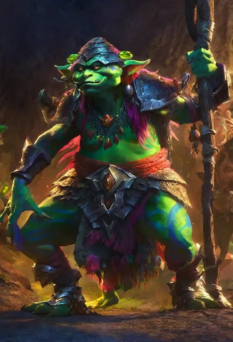 A squat green goblin shaman, detailed chainmail armor, beady eyes, big nose, evil tattoos, carrying a herding stick, a confused colorful toad as big as the goblin, in a cave, (best quality,4k,8k,highres,masterpiece:1.2),ultra-detailed,(realistic,photoreali...