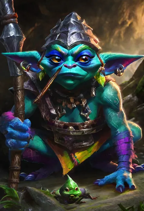 A squat green goblin shaman, detailed chainmail armor, beady eyes, big nose, evil tattoos, carrying a herding stick, a confused colorful toad as big as the goblin, in a cave, (best quality,4k,8k,highres,masterpiece:1.2),ultra-detailed,(realistic,photoreali...