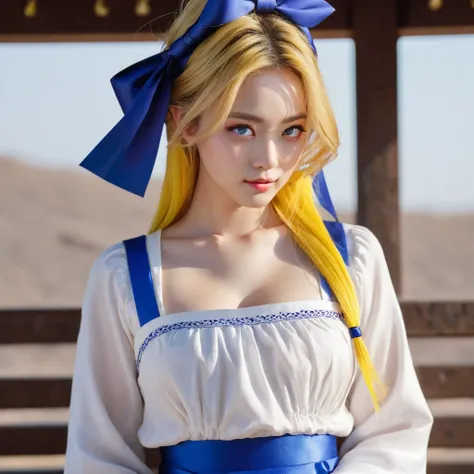 (finely detailed beautiful eyes and detailed face,masterpiece sidelighting,masterpiece,best quality,detailed,high resolution illustration),, (1girl,whole body,bishoujo,lustrous skin,looking down,looking at viewer),, (yellow hair,blue eyes,ribbon,hanbok, ko...