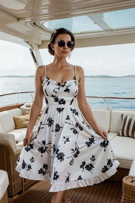 Elegant woman aged 40 wearing 1950s style sundress, silky material, black and white pattern of large flowers, long white gloves, sunglasses, large straw sunhat, on sundeck of luxury megayacht