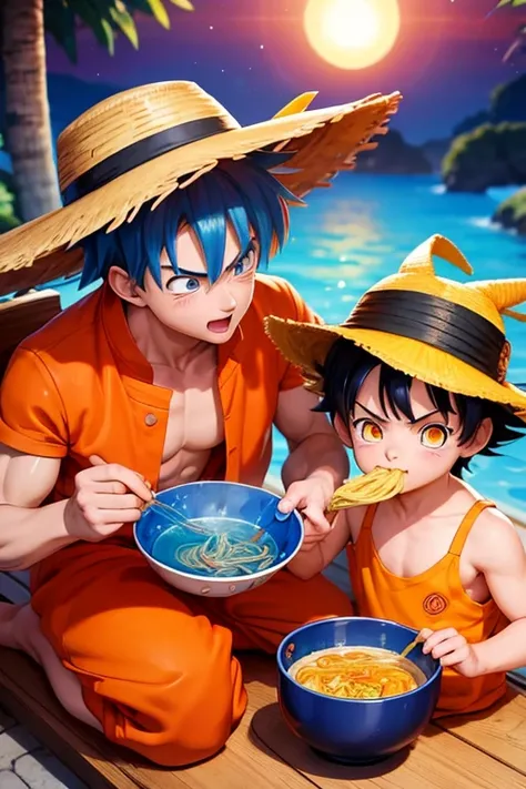 man naruto kurama mode, man goku ultra instinct blue, man luffy nika with yellow straw hat eating ramen together and the 3 of them happy