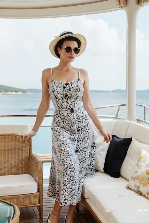 Elegant woman aged 40 wearing 1950s style sundress, silky material, black and white pattern of large flowers. She wears long white gloves, retro-styled sunglasses, and a large straw sunhat. She is stood on the sundeck of luxury megayacht