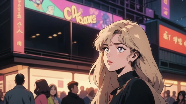 The best images, perfection, 90s cartoons, illustration, A night street with sparkling neon signs, Side view of a woman walking in a crowd and looking up at the sky, sad expression, Korean woman, Casual high fashion,