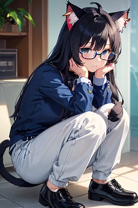 (((pixel-perfect, detail-perfect))), solo, 1girl, Len Kimura, (hair on the cat ears:1.9), gloves black, cyan hat, glasses, blue shirt, socks gray, pants black, shoes black, long hair, black hair, eye black