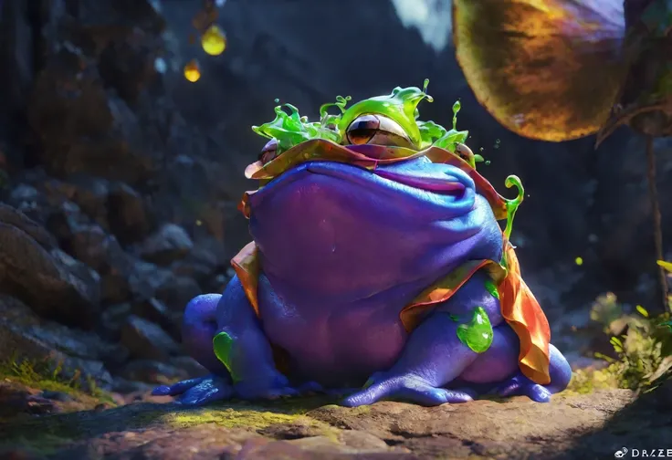 A big dazed colorful goblin sized toad, patiently allowing a bunch of goblins to lick slime off of it, several goblins are stoned (drunk) and passed out nearby, set in a cave, 4k, 8k, highres, masterpiece:1.2, ultra-detailed, realistic, photorealistic, pho...