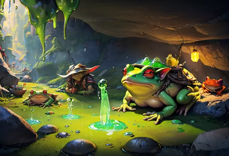 A big dazed colorful goblin sized toad, patiently allowing a bunch of goblins to lick slime off of it, several goblins are stoned (drunk) and passed out nearby, set in a cave, 4k, 8k, highres, masterpiece:1.2, ultra-detailed, realistic, photorealistic, pho...